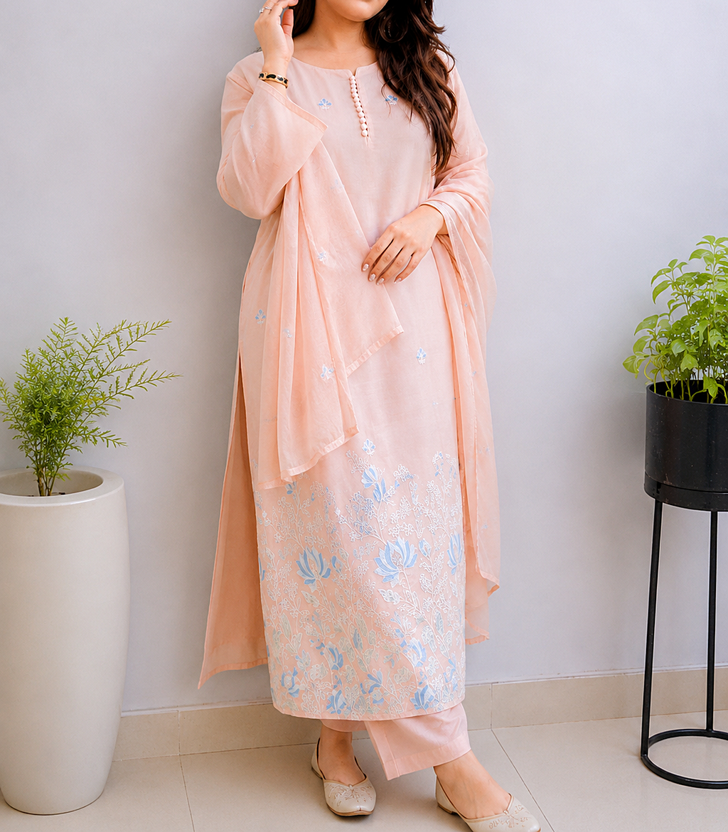Soft Pastel Elegance  -  Embroidered Kurta  pant Set with Dupatta