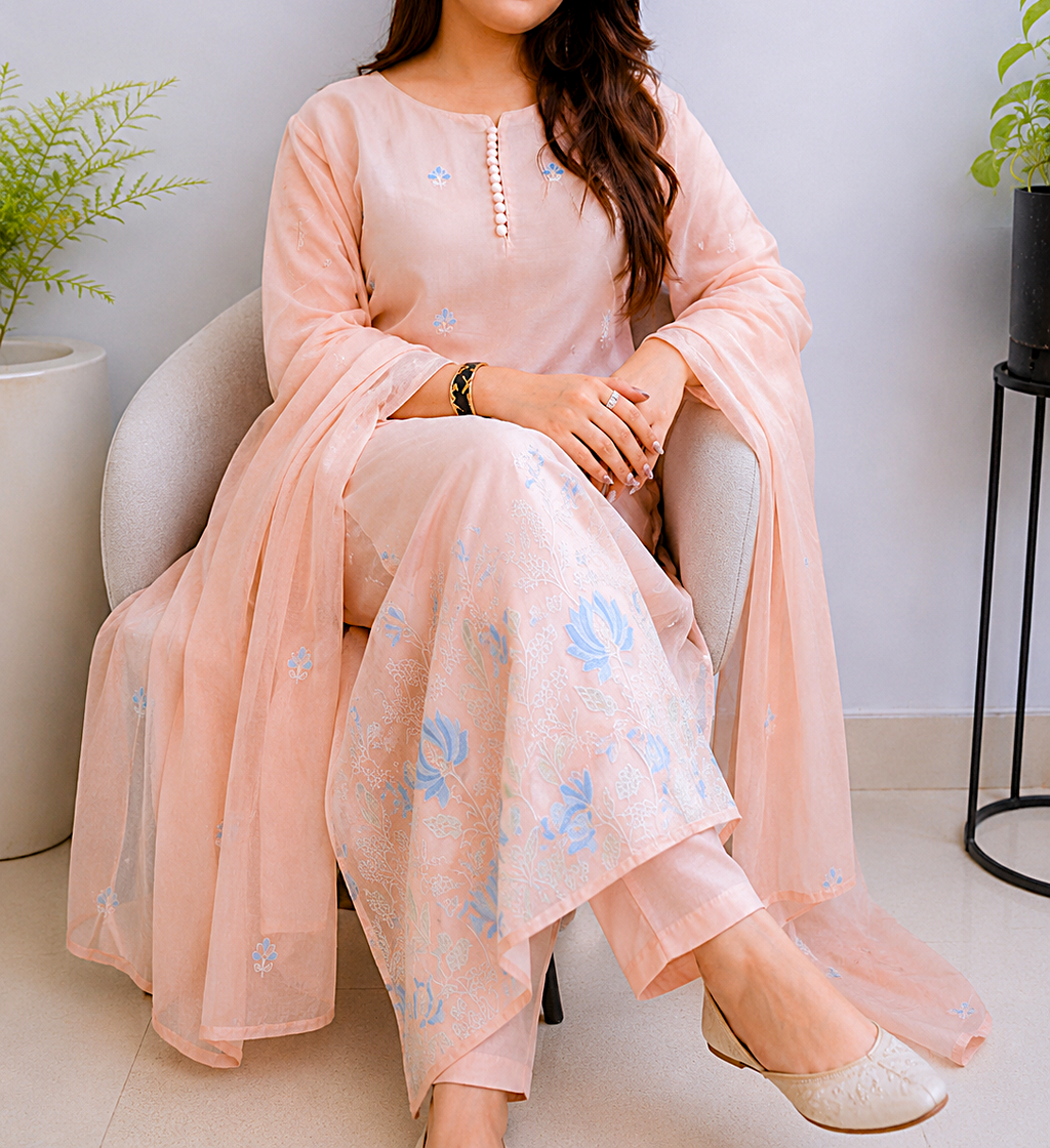 Soft Pastel Elegance  -  Embroidered Kurta  pant Set with Dupatta